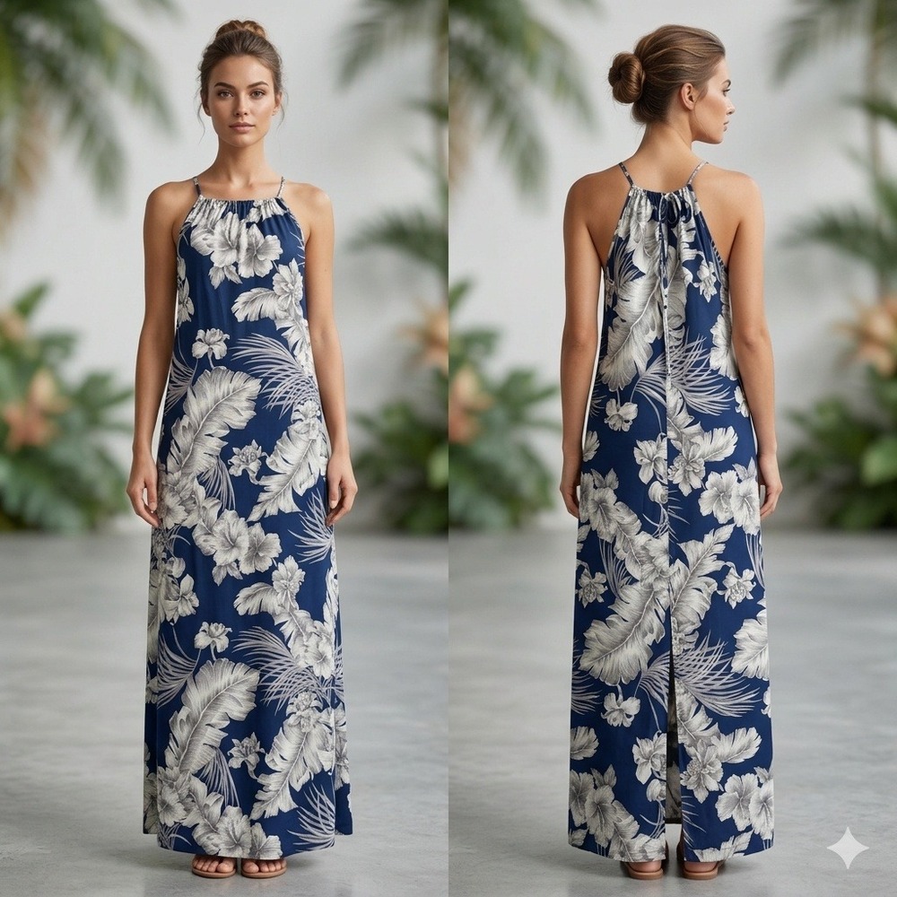 Makai Beach Womens Navy Blue Tropical Floral Cotton Maxi Dress Hawaii Size M